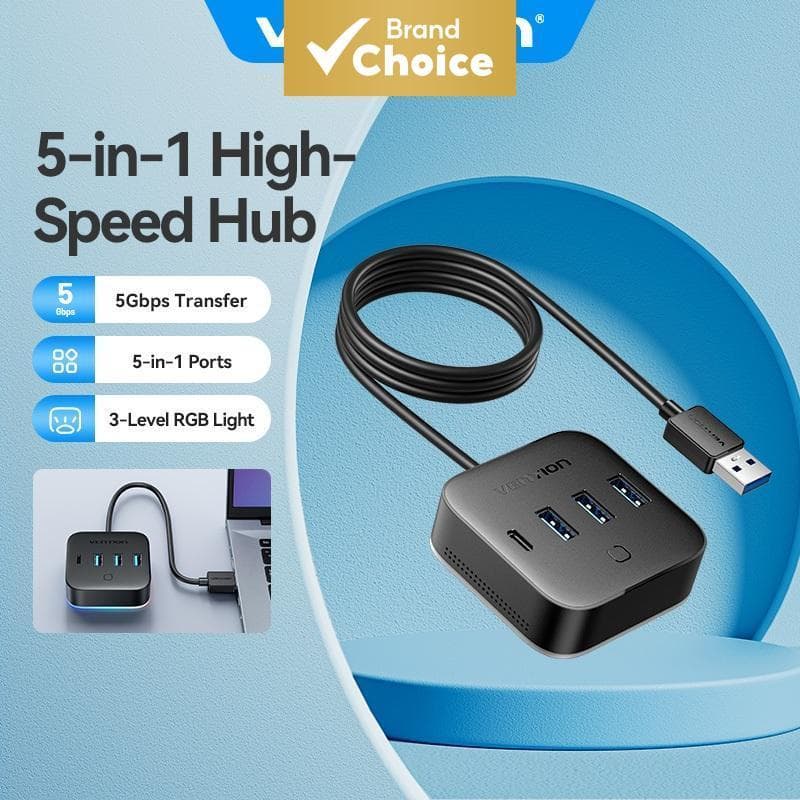 Vention USB Hub de Mesa 4 Portas 5 em 1 com RGB para Computadores/Hosts/Dispositivos de Armazenamento de Alta