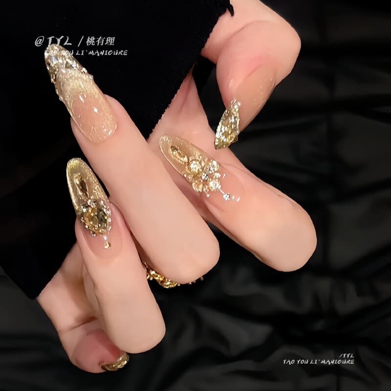 TYL Novas Unhas de Casamento Douradas Brilhantes Feitas à Mão, Longas, Cor Champanhe, Estilo Olho de Gato Francês, Luxuo