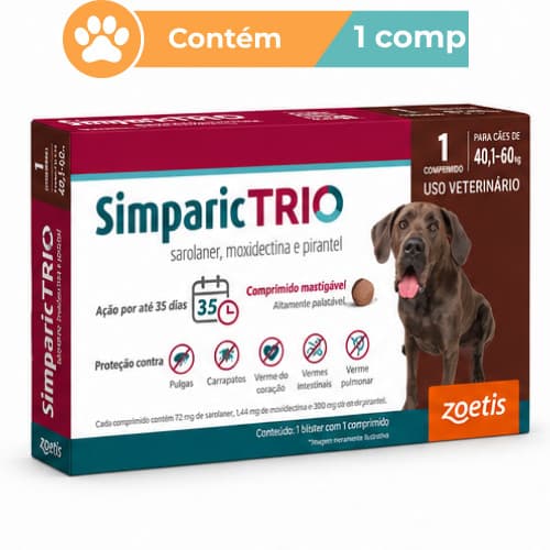Antipulgas Simparic Trio 72mg Cães 40,1 a 60kg 1 Comprimido