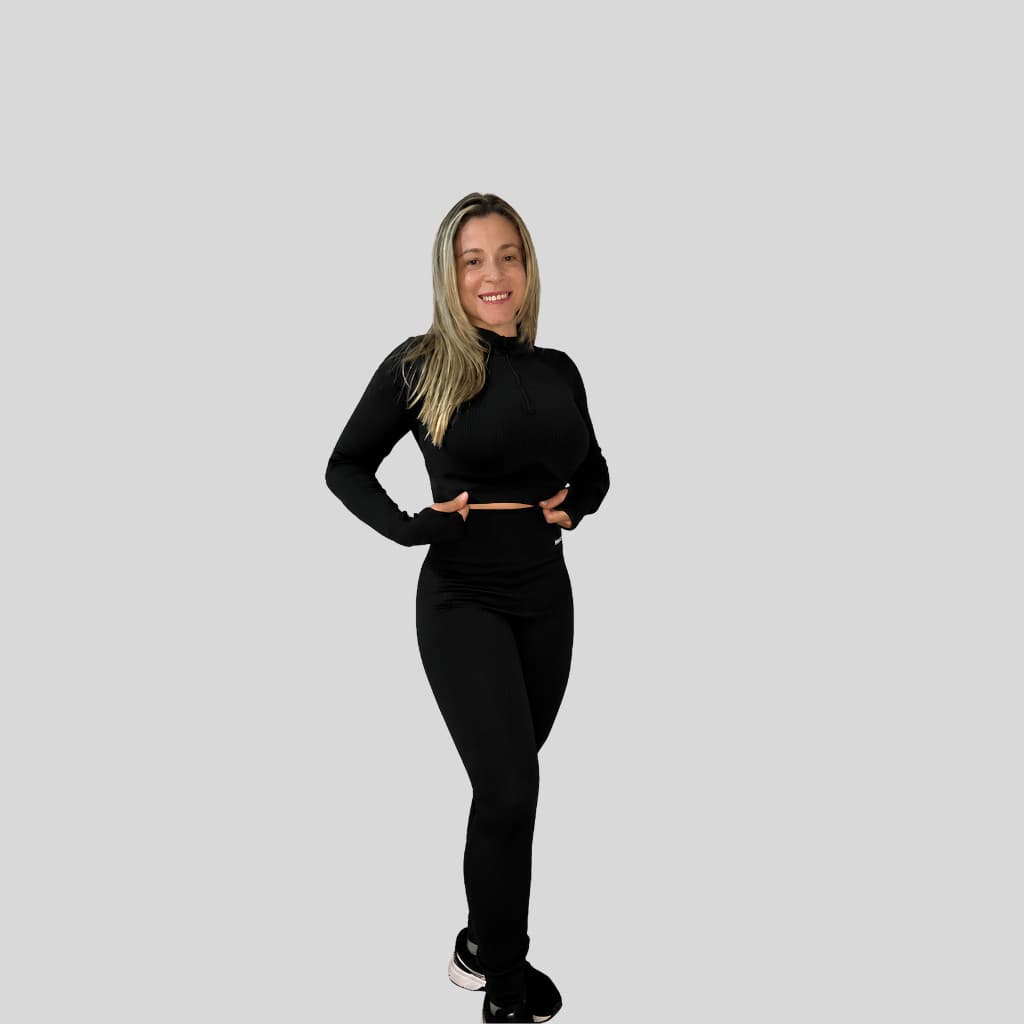 Conjunto de Calça/Cropped Manga Comprida Com Dedeira e Zíper