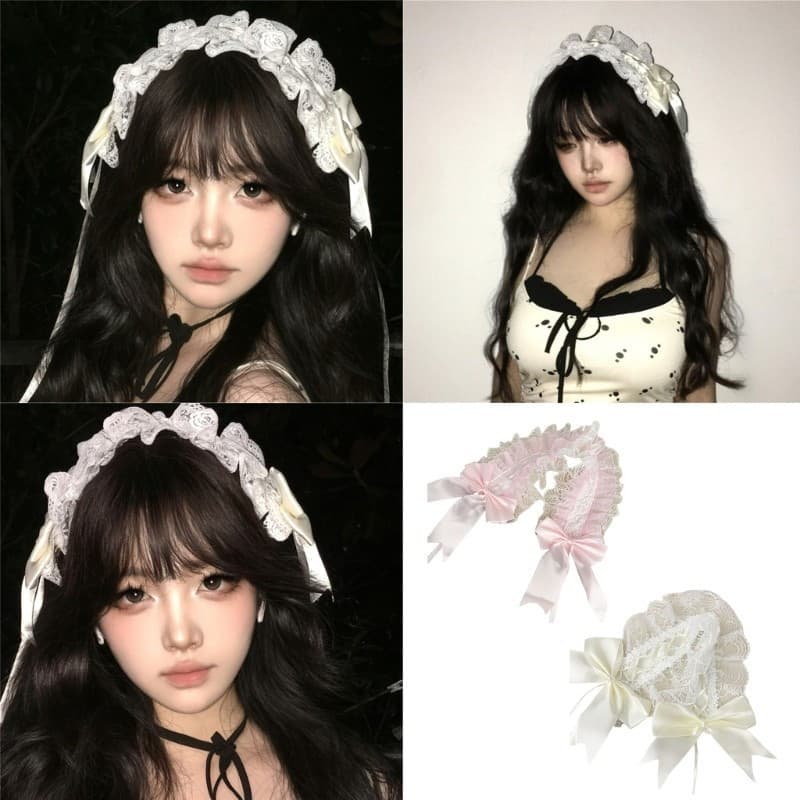 Estone Subculturas Bandana Anime Empregada Renda Bowknot Hairhoop Cosplay Traje Headwear
