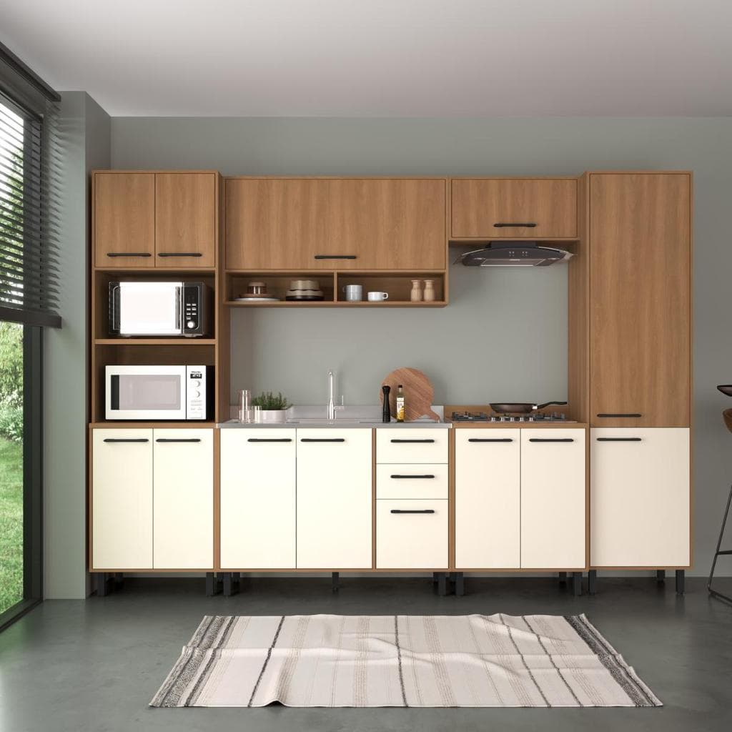 Cozinha Completa Modulada 220x310 Cm 6 Peças Cor Rovere/Off White Casamia