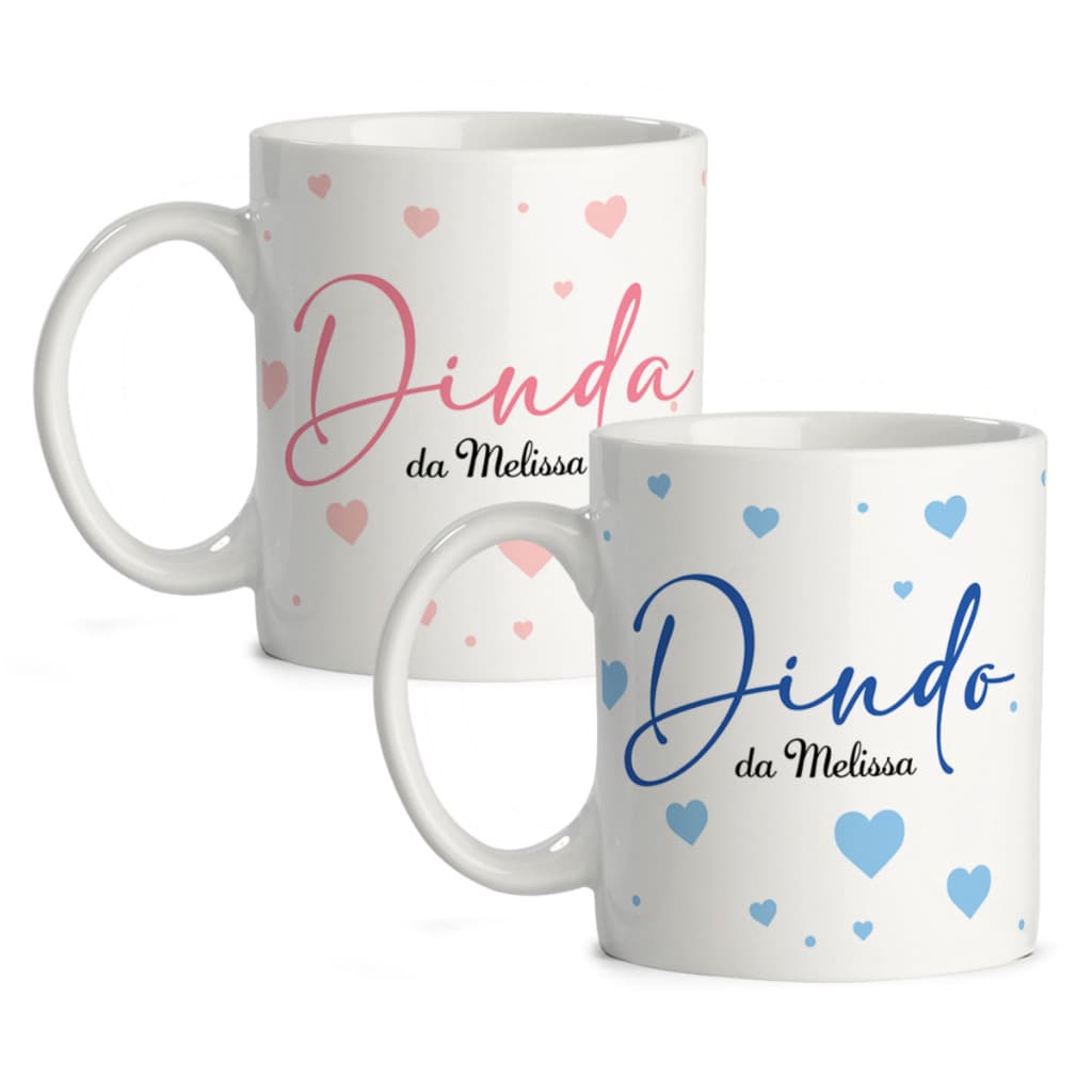 2 Canecas para Dindos com Nome do Bebe + Frase de Atribuições Dindo e Dinda Corações