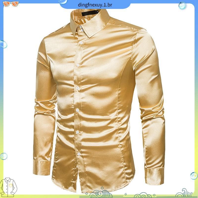 Homens E # 39camisa De Cetim Com Mangas Compridas , Mediu m Fit , Cor Sólida , Para Festas De Casamento , Sociais Casuai