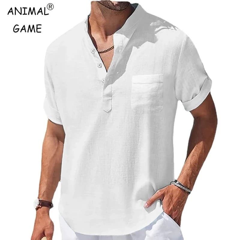 Nova Camisa Masculina Casual de Linho com Gola Alta, Manga Curta, Cor Sólida, Respirável, Solta, Juvenil, com Bolso Bási