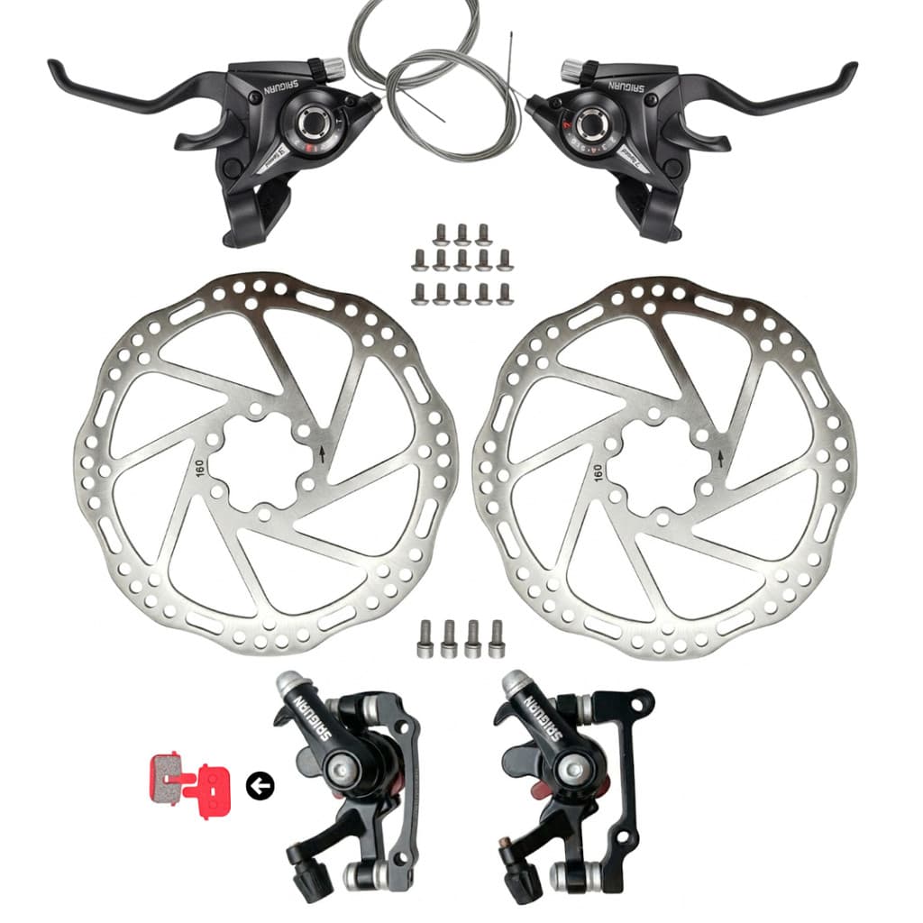 Kit Freio a Disco e Passador Rapid Fire Alavanca de Marchas Saiguan Alumínio 3x7 21v dois discos 160mm Bike Bicicleta