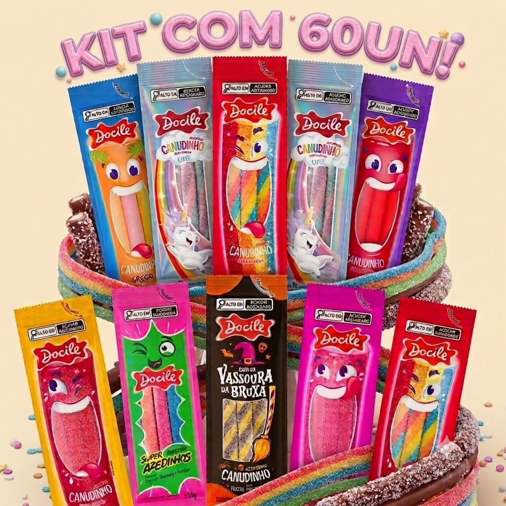 Kit com 60un Bala de Gelatina Canudinho Docile tipo Fini Sabores Variados Doce Festa Aniversário Lembrancinha