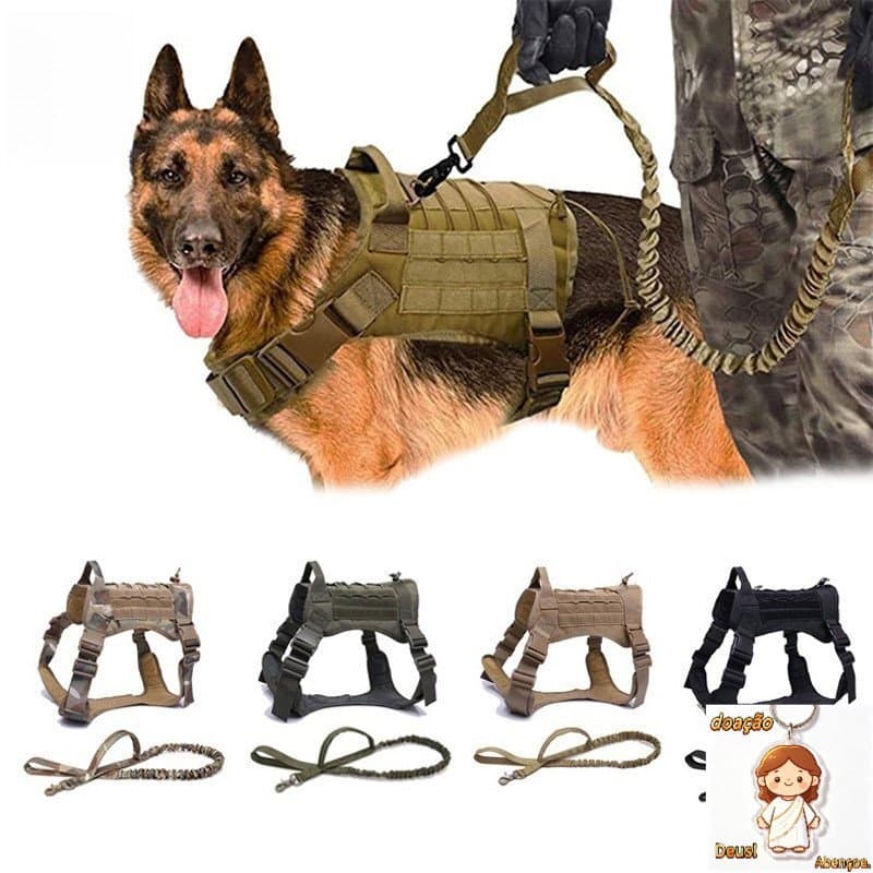 Coleira Peitoral Para Cachorro Grande Pequeno Conjunto Arnês E Trela Cães Tático Militar Colete