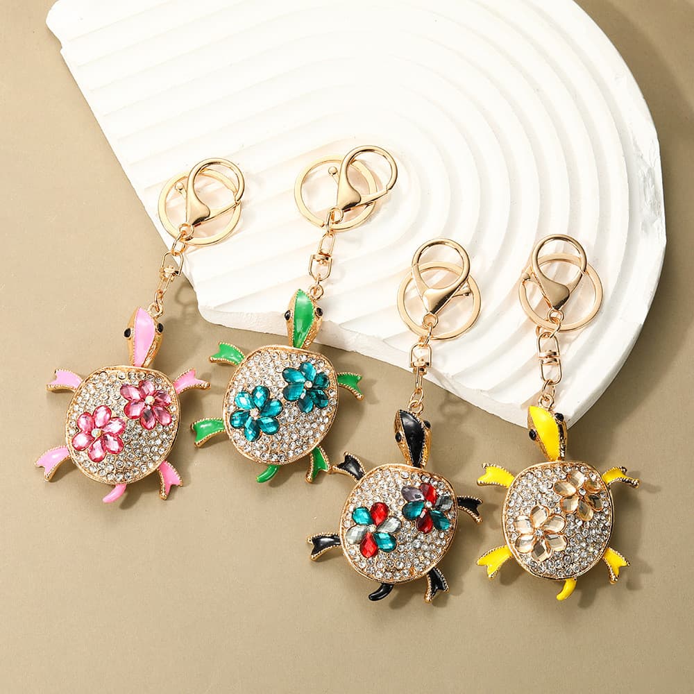 Chaveiro com pequenas flores, strass, tartaruga de metal com tema oceânico, pingente de tartaruga em liga de zinco com s