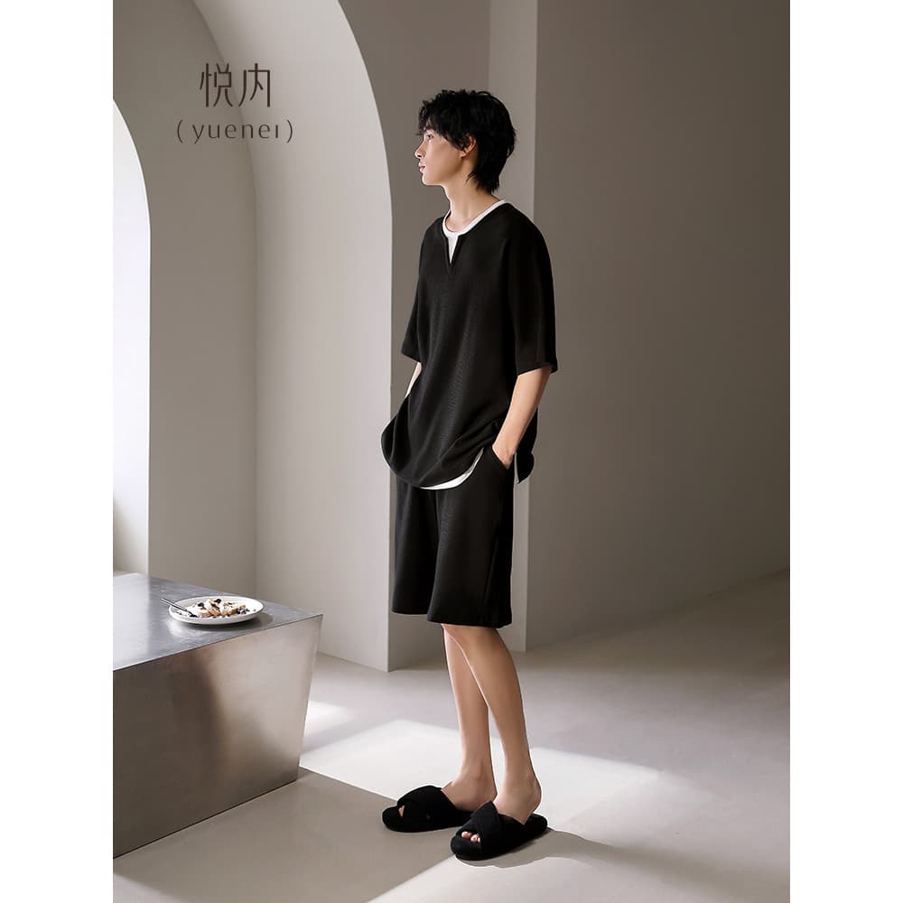 Yue Pijama Interno Masculino Verão Estilo Puro Algodão Shorts de Manga Curta Loungewear Masculino Preto High-End Waffle