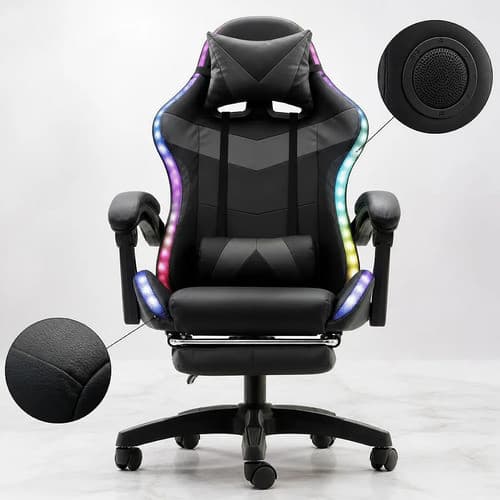Cadeira Gamer Bluetooth Caixa De Som Led Rgb Reclinável Preta Couro Sintético Pu