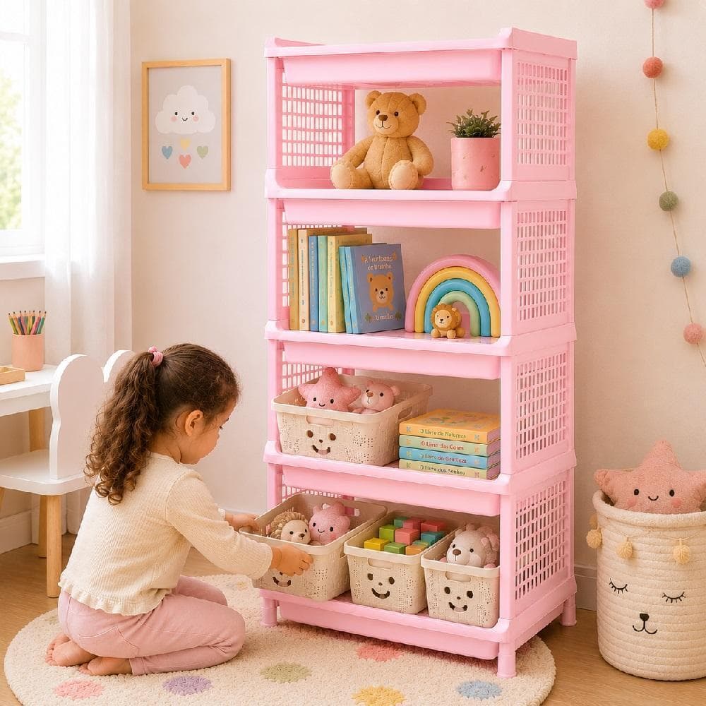 Organizador Infantil Rosa Estante Modular Nichos Sapateira Brinquedos Livros Quarto Criança Prateleira Multiuso