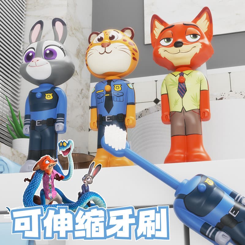 Nova Escova de Dentes Infantil Zootopia com Personagens Judy e Nick, Cerdas Macias e Design Retrátil