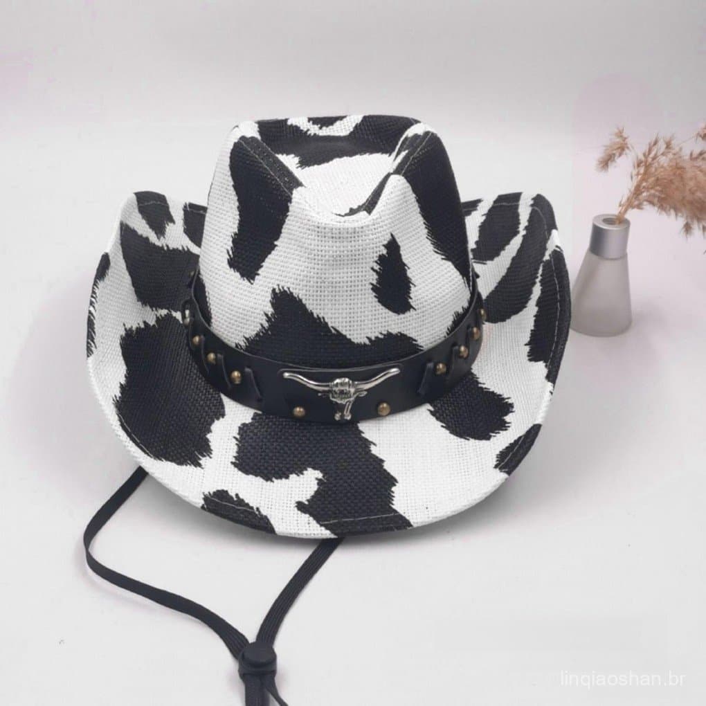 Chapéus de cowboy masculinos e femininos, chapéus de palha de aba larga, design com padrão de cabeça de vaca, chapéus pa
