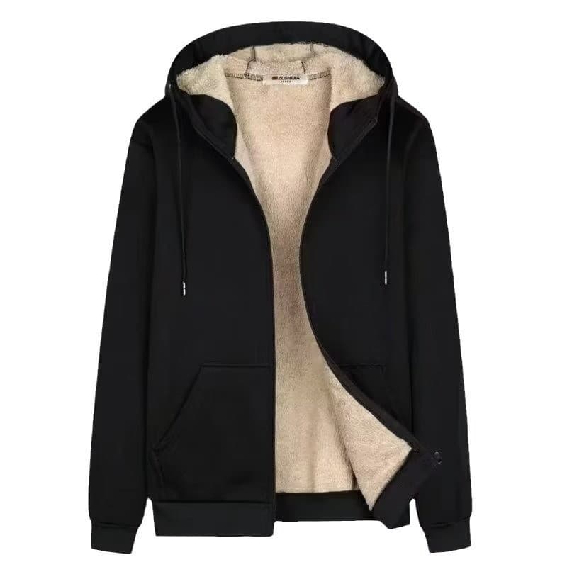 【Conforto e Estilo】Moletom Masculino Pelúcia de Carneiro Com Zíper Capuz Para Inverno Preto/Grande/Térmico