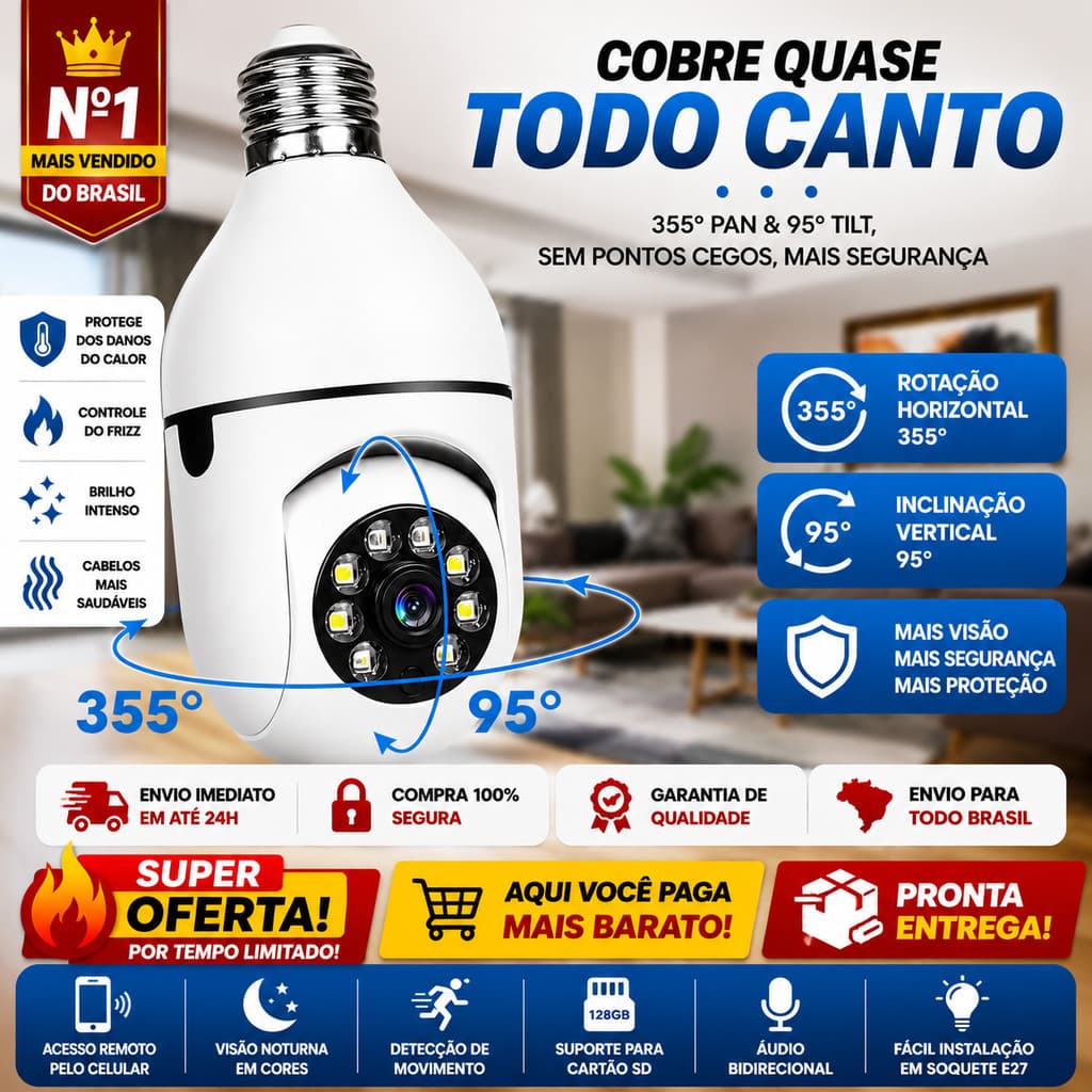 Câmera de Segurança gira 360 a Prova D'água Infravermelho Lâmpada Sem Fio CCTV