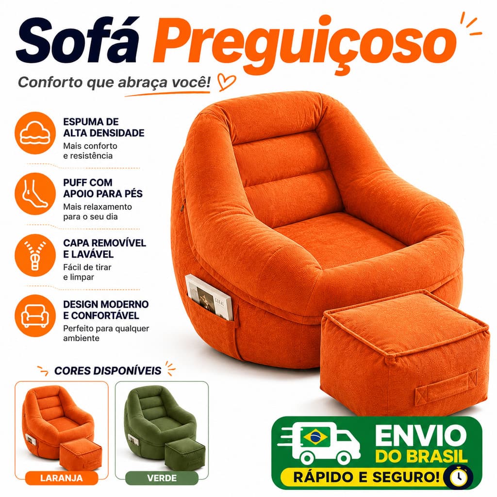 Sofá Preguiçoso com Puff Poltrona Confortável Espuma Alta Densidade Capa Removível Lavável para Sala Quarto
