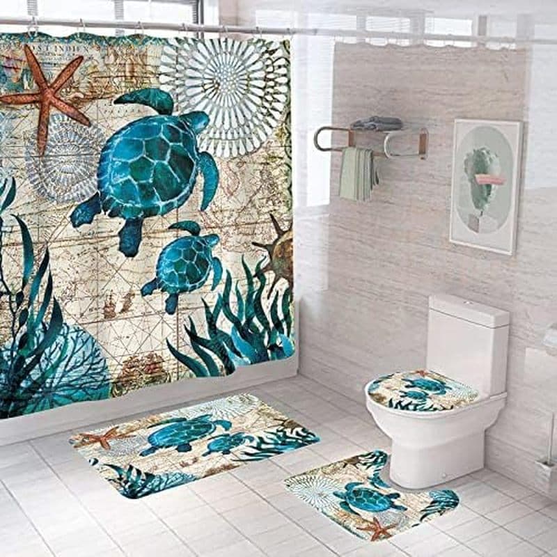 Conjunto De Cortina De Chuveiro Sea Turtle Para Banheiro , Conjuntos De Oceano Com E Tapetes Cortinas Impermeáveis De Te