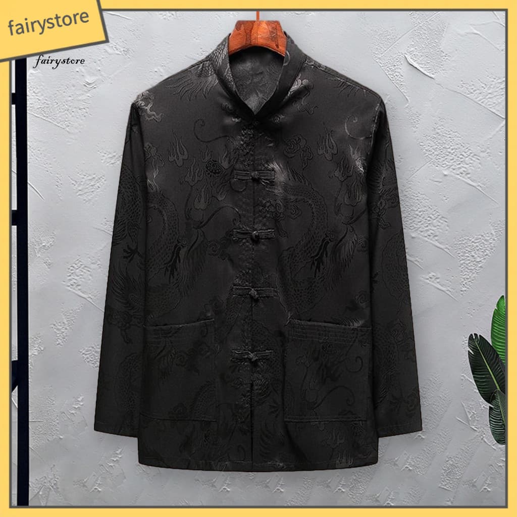 Men Chinese Style Top Mid-aged Shirt Men's Traditional Dragon Pattern Stand Collar Long Sleeve Loose Fit Elderly Casual