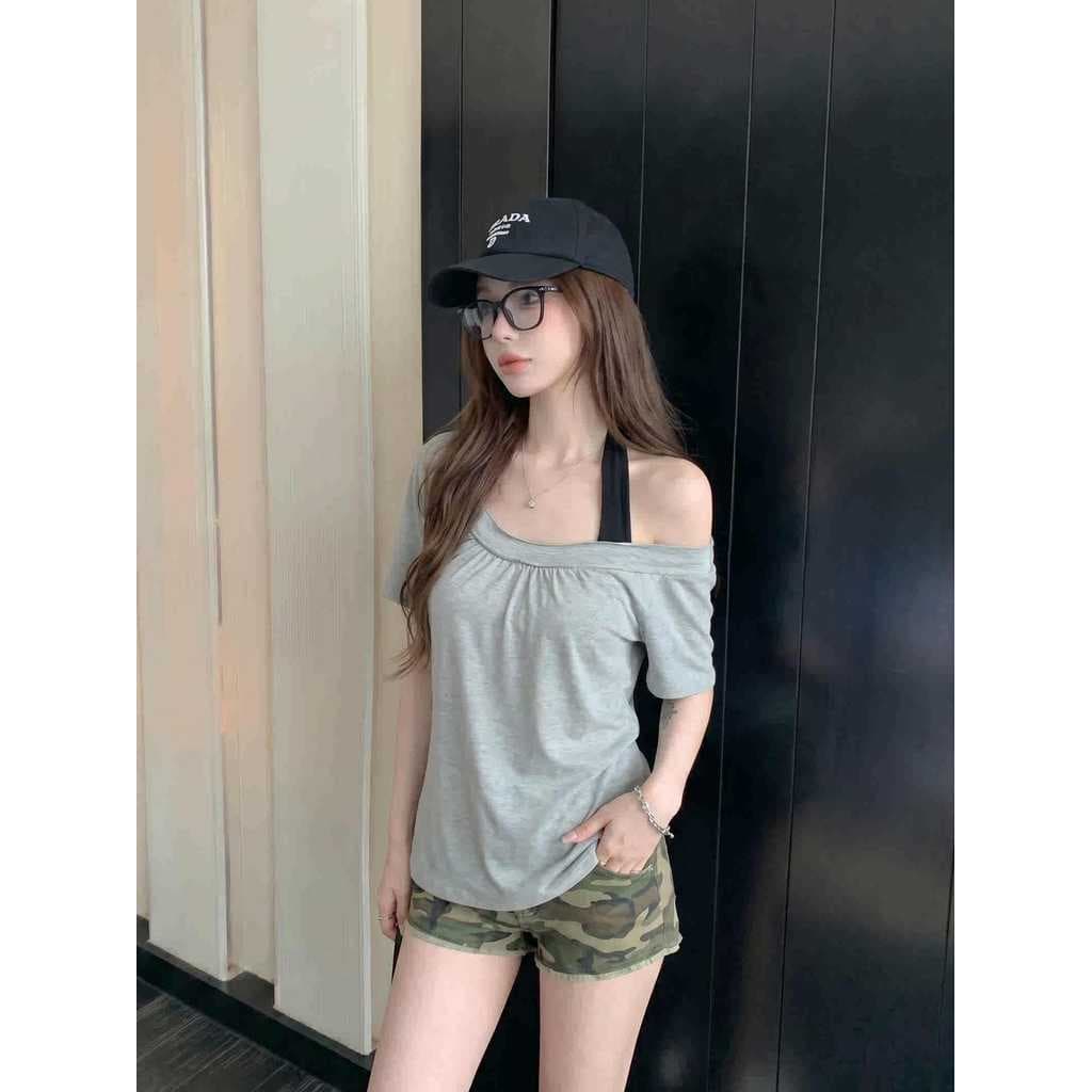 Verão novo estilo falso de duas peças Halter pescoço cinza manga curta camiseta feminina quente menina simples solto mai