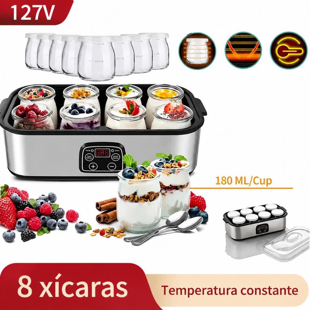 Iogurteira Eletrica Maquina De Iogurte Ajustável 1.4l com 8 Copos 180ML– Faça Iogurte Natural em Casa 127V
