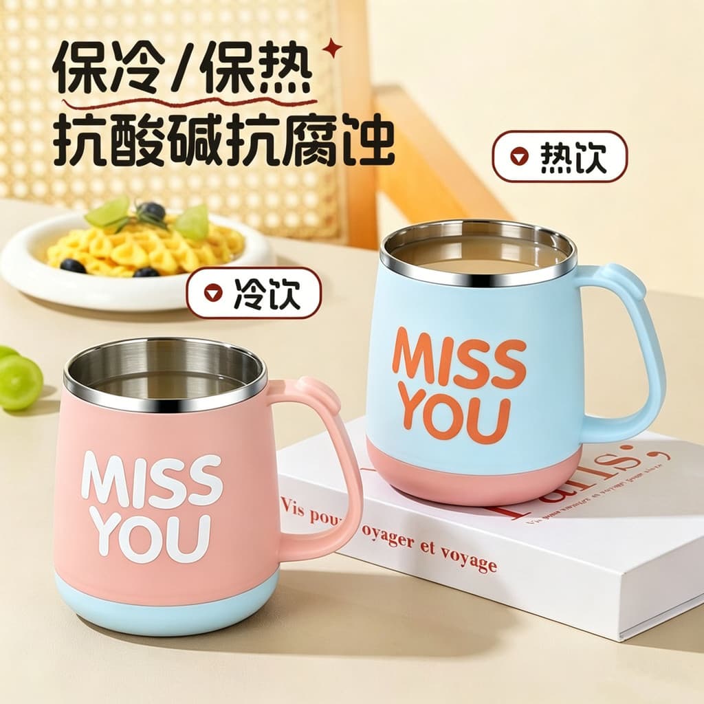 [Estoque pronto] Caneca 304 Copo de água doméstico de aço inoxidável com tampa Xícara de café de grande capacidade Xícar