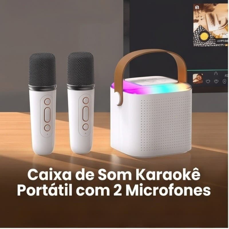 Caixa de Som Bluetooth Portátil com 2 Microfones Sem Fio, Karaokê Profissional com Luz RGB e Alça de Transporte