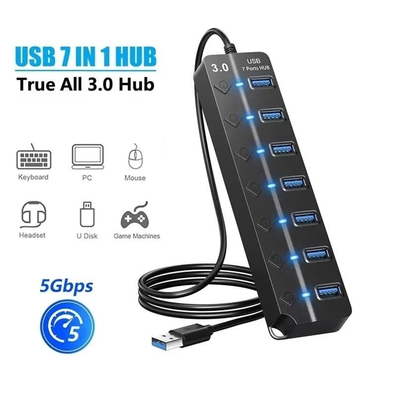 Divisor USB 7 em 1 USB3.0 Hub de 7 portas de alta velocidade com interruptor independente Estação de acoplamento USB Lap