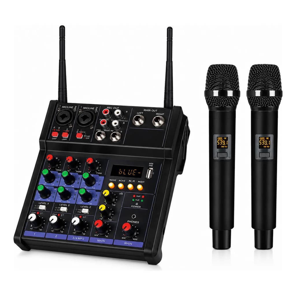 Mesa De Som Profissional 4 Canais Bluetooth 2 Microfones Uhf