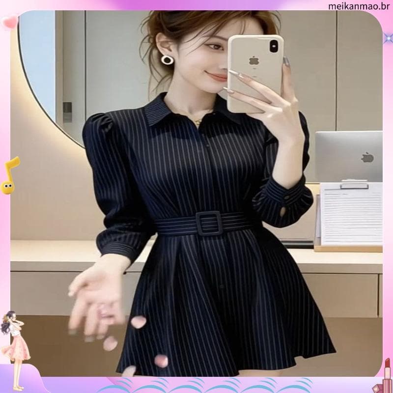2026 primavera verão influenciador novo estilo camisa listrada vestido feminino estilo francês manga bufante gola POLO c