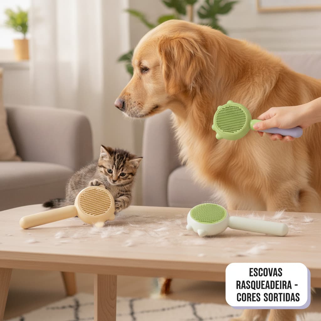 Escova Rasqueadeira Profissional Pet Tira Pelos Mortos Cães Gatos Cabo Ergonômico Antiderrapant