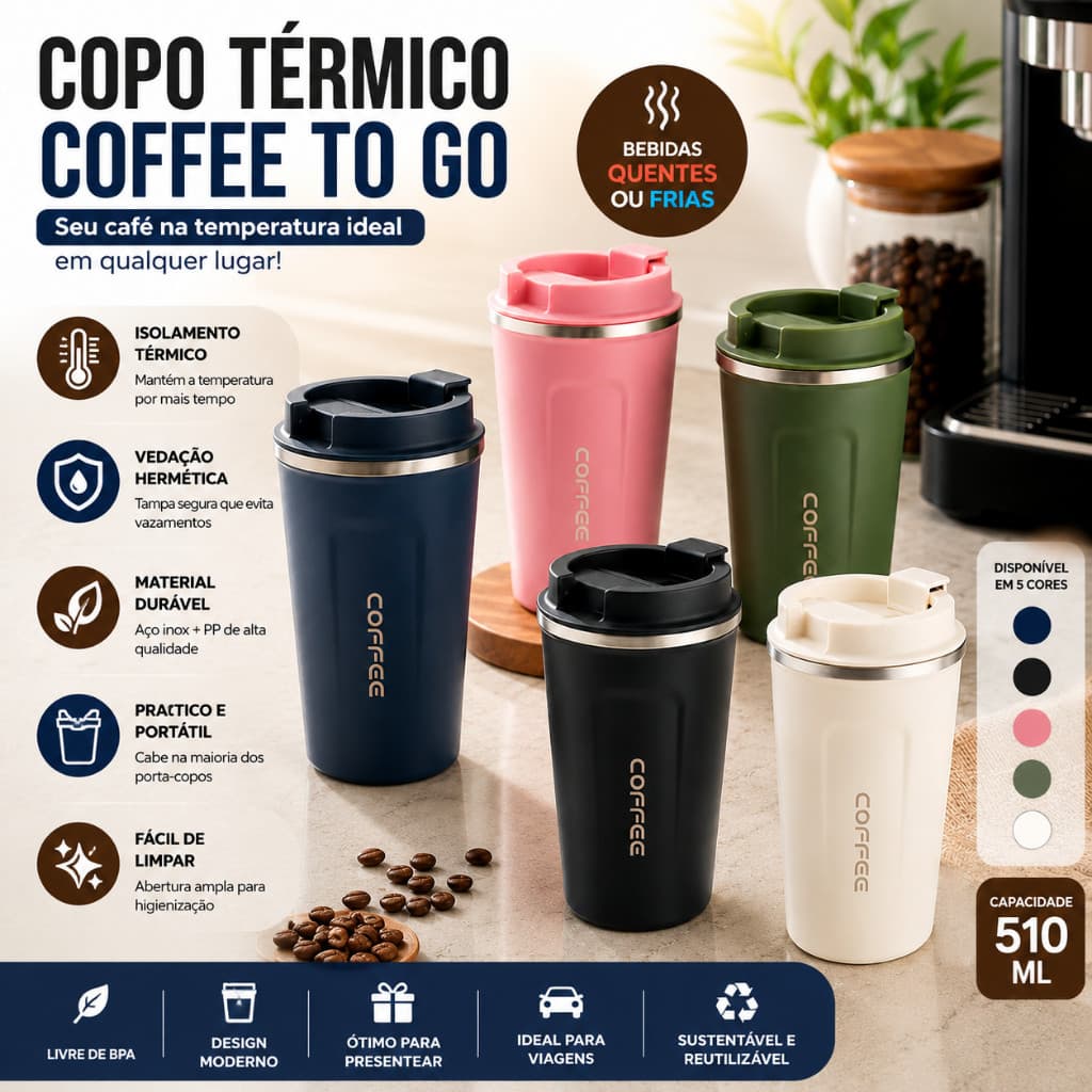 Copo De Café Térmico 510ml em Aço Inox 304 com Tampa – Mantém Bebidas Quentes e Geladas