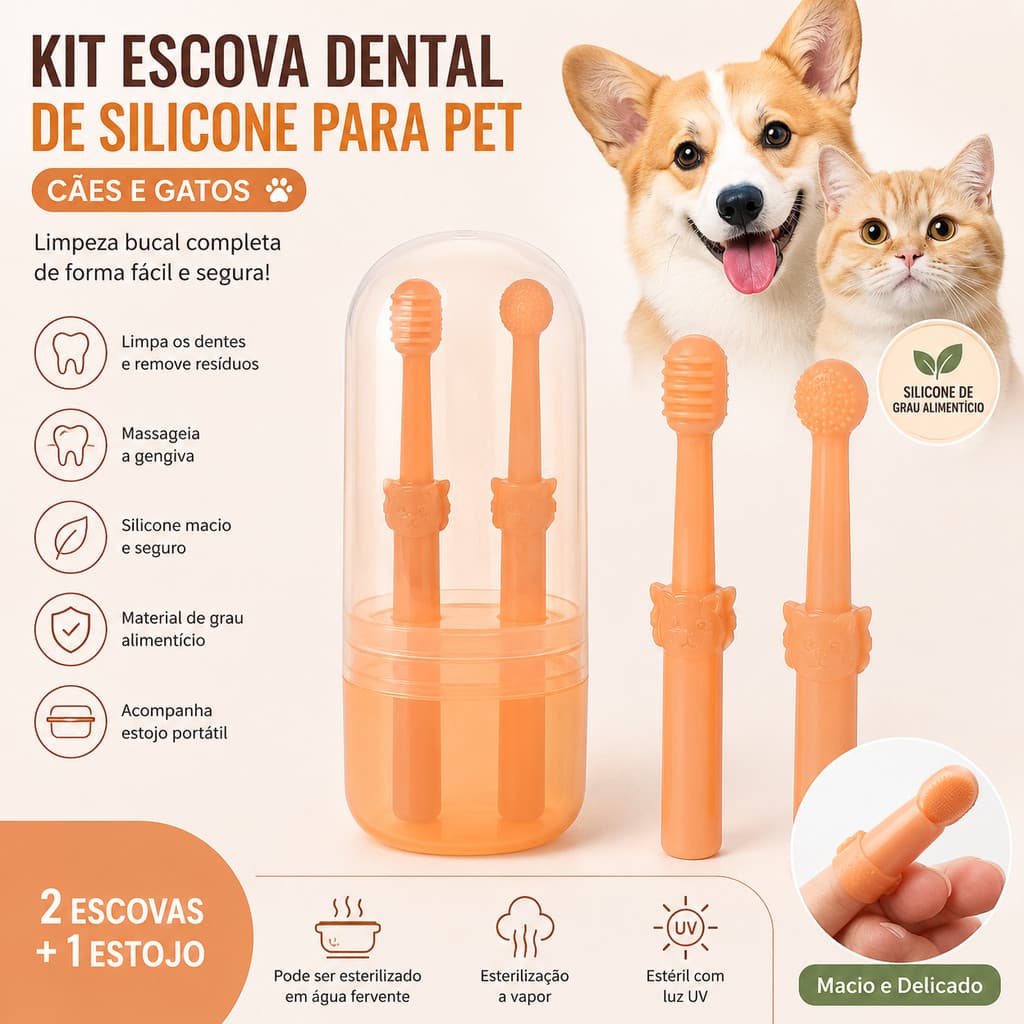Kit Escova de Dente Pet Silicone para Cães e Gatos Escova Dental Macia Limpeza Bucal com Estojo 2 Peças