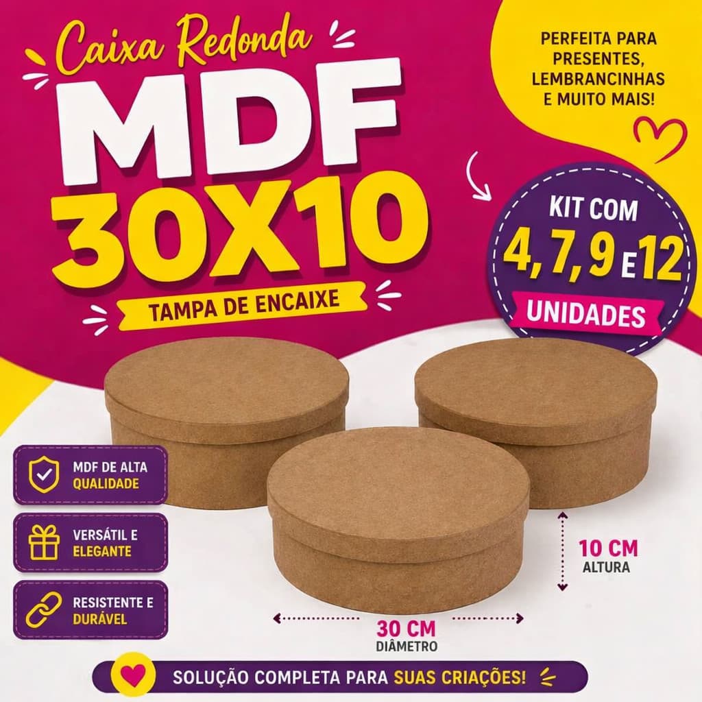 Kit Caixa Redonda 30x30x10 MDF Cesta Café Manhã Caixa Padrinhos