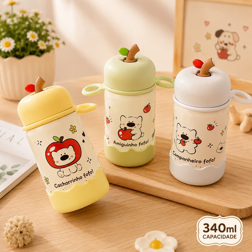 Garrafa Térmica 340ml Infantil Aço Inox 304 com Canudo e Alça Copo Desenho Animado Antivazamento bom