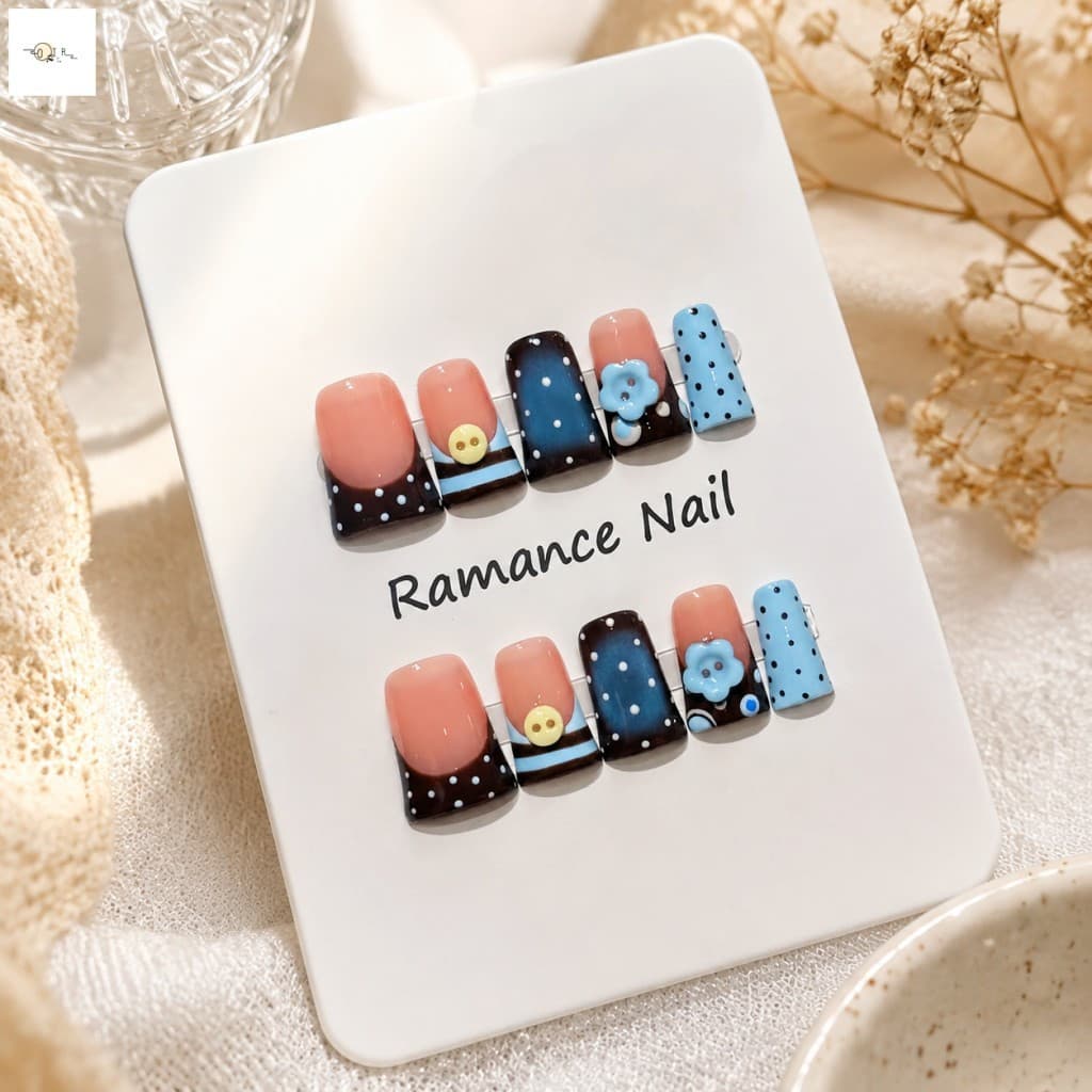Pressione Nas Unhas 10 Peças De Resina Bico De Pato Curto Reutilizável Dopamina Colorblock Bolinhas Flor 3D Falsas Para