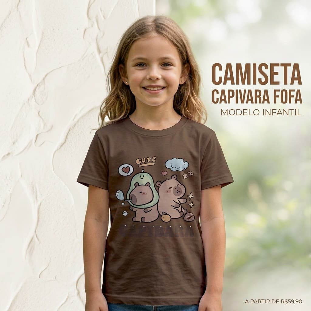 Camiseta Infantil Capivara Fofa Menina Manga Curta Estampa Kawaii Algodão Casual Confortável Premium Linda