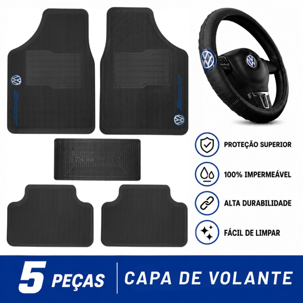 Kit Capa Volante + Tapete VW Polo Gol T-Cross Saveiro Fox Virtus Nivus Tera Jetta Golf