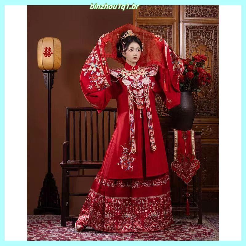 Tangxi Original vermelho tingido indústria pesada bordado flor vestido de casamento cavalo rosto saia Hanfu feminino gol