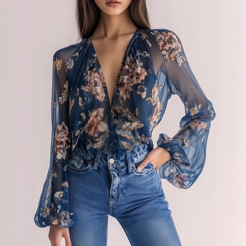 Blusa Feminina Com Estampa Floral Transparente , Decote Em V Profundo , Lanterna , Manga Comprida , Boêmio , Chiffon , C