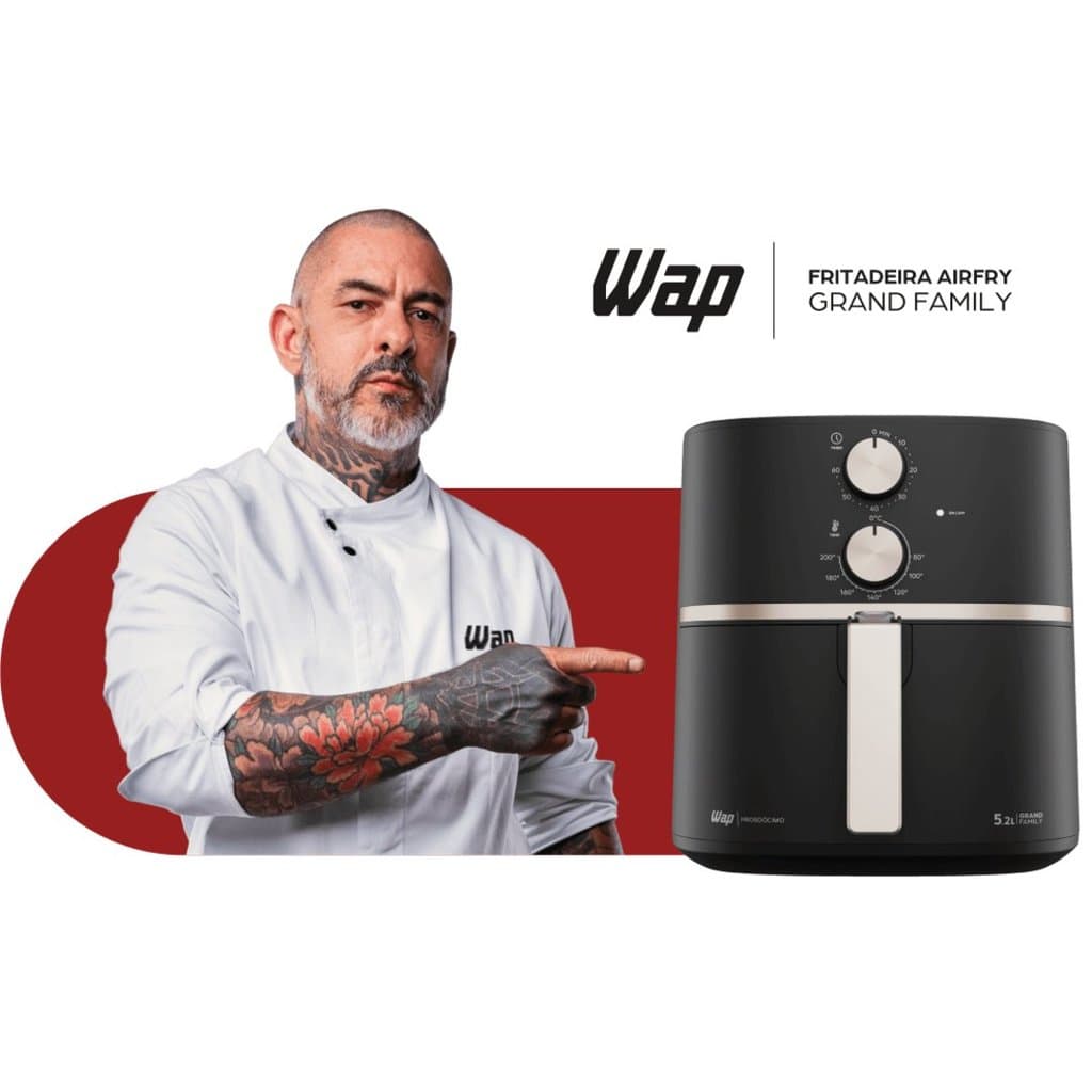 Fritadeira Air Fryer WAP Grand Family 5,2L 1500W Sem Óleo Antiaderente Gray Stone Cesto Removível 220V Preta
