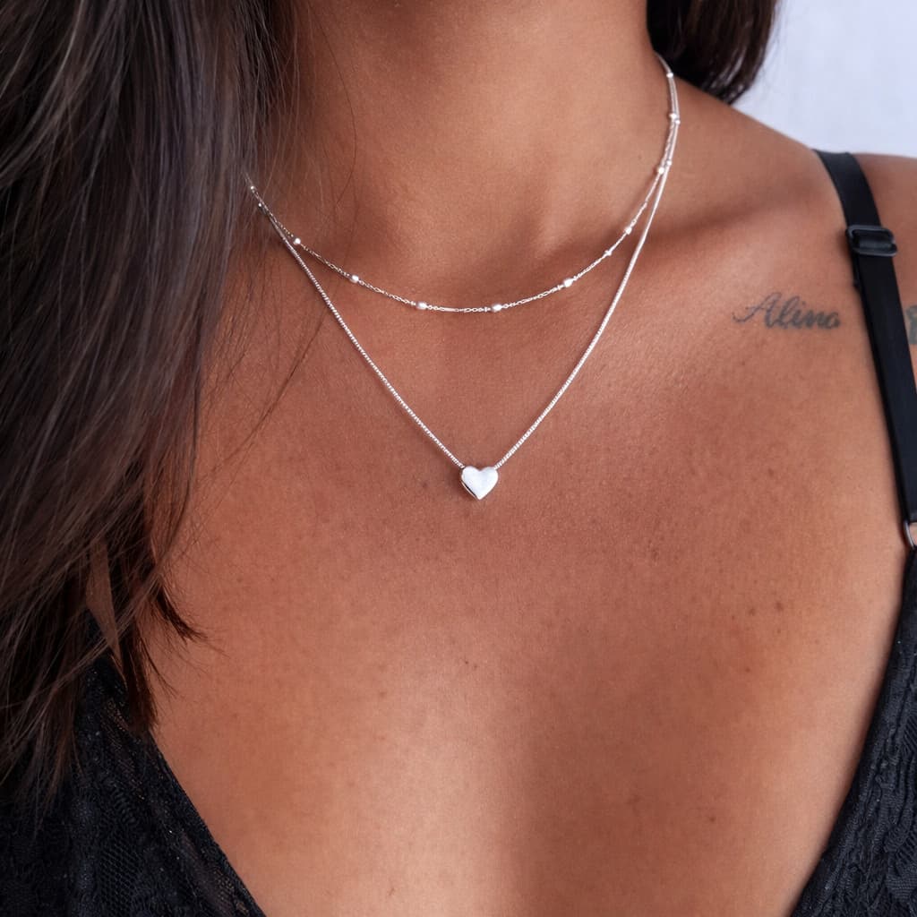 Colar gargantilha bolinhas banhado Prata 925 + Colar coração transpassado chapado banhado Prata 925 a ouro 18K