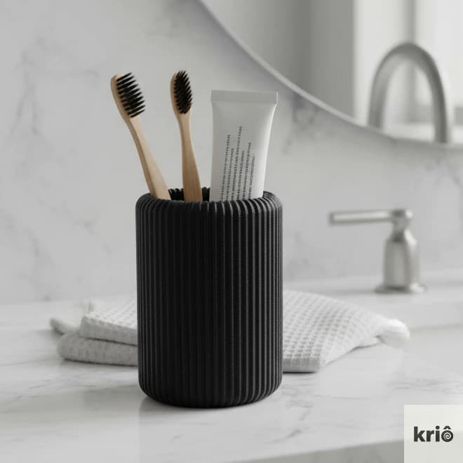 Porta Escova de Dentes Preto Organizador para Banheiro Porta Pasta Design Nervura Decorativo Premium