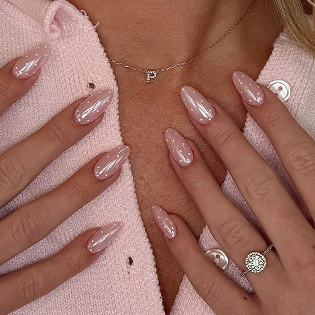 Le Haili Estilo Perolado Usando Unhas Manicure Unhas Simples Pontos Brancos Bolinhas Unhas Postiças