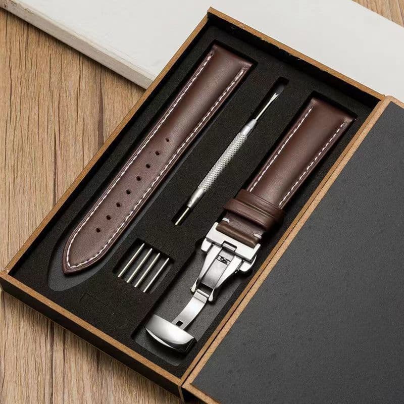 [Alça] Pulseira de couro masculino feminino couro genuíno pulseira de relógio de tecido liso à prova d'água cinto Univer
