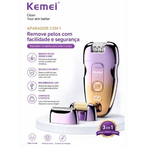 Depilador Feminino Kemei KM-7103 3 Em 1 Recarregável USB Aparador Elétrico