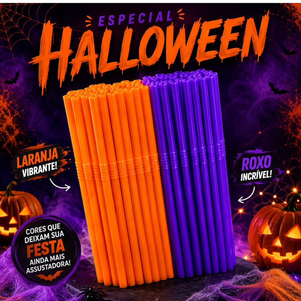 100 Canudos Flexível Laranja e Roxo Para Bebidas Halloween Festa