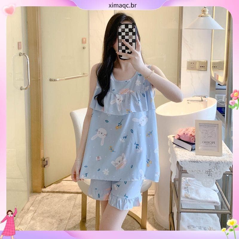 2026 Shorts sem mangas algodão seda pijamas verão feminino estilo fino Anti-Bump pijamas de algodão Artificial Loungewea