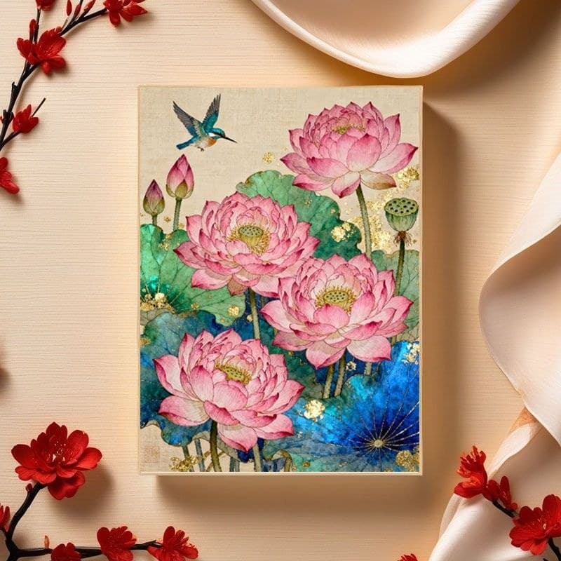 Original Copyright atmosférico rosa lótus escova fina pintura lótus poleiro pássaro ponto cruz Kit requintado decoração