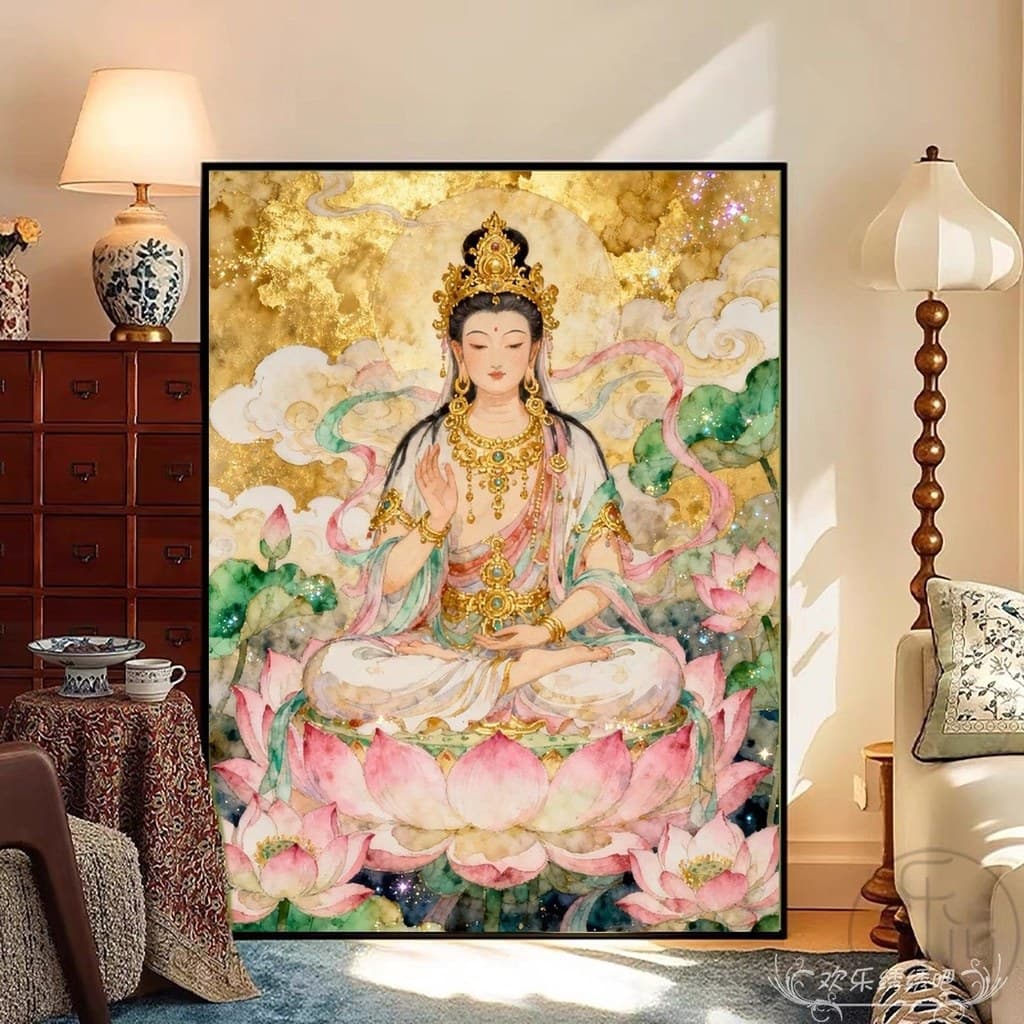 Grande compaixão Guanyin bodhisattva ponto cruz 2026 linha bordado sala de estar mão pintura lótus bodhisattva Bud